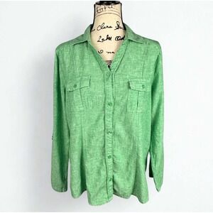 Unbranded Green Linen Cotton Button Down Shirt Utility Roll Tab Blouse Large